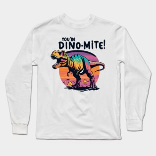 Retro Roaring Dinosaur - "You're Dino-Mite!" Graphic Long Sleeve T-Shirt